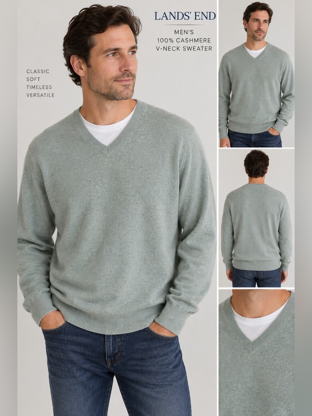 Lands’ End Men’s 100% Cashmere V-Neck Sweater Sage Green Size L